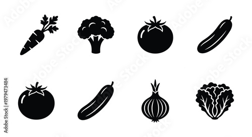 Minimalist vegetable icon set, black silhouette garden produce symbols, collection of 8 flat vector illustrations for grocery and cooking apps