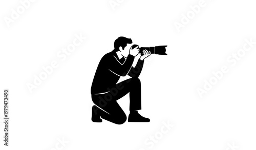 Professional photographer crouching silhouette with telephoto camera lens vector icon illustration