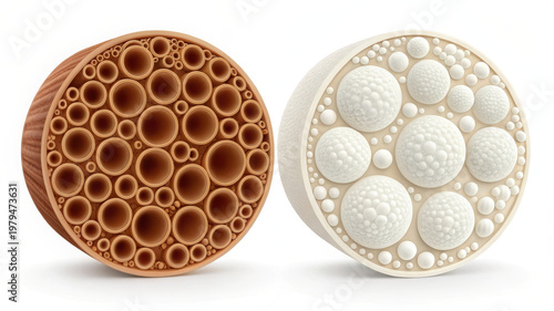 Fat storage and triglyceride molecules represented by brown and white 3D circular structures with various sizes on white background
