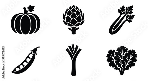 Minimalist vegetable icon set, black solid silhouettes of pumpkin and artichoke, 6 organic farm food vector elements for grocery and menu design
