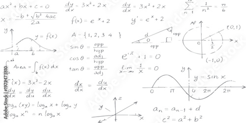 Mathematical formulas on a chalkboard blend with a technical blueprint and musical notes to create an engineering sketch of an architectural project