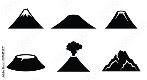 Minimalist volcano icon set, black mountain silhouette collection, 6 volcanic peak vector elements for map design and travel infographics