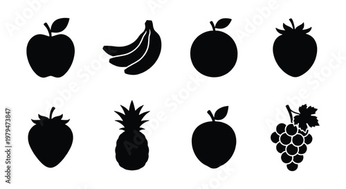 Minimalist fruit icon set, black silhouette fruit vector collection, 8 organic food symbols for grocery branding and healthy lifestyle design