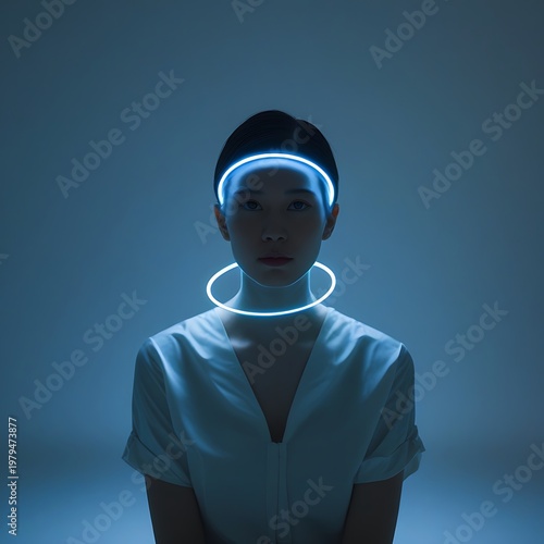 Futuristic Asian Woman with Glowing Blue Neon Rings