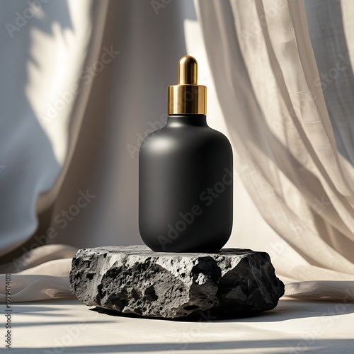 Luxurious Black Glass Dropper Bottle with Gold Cap on Rock Pedestal in Elegant Drapery