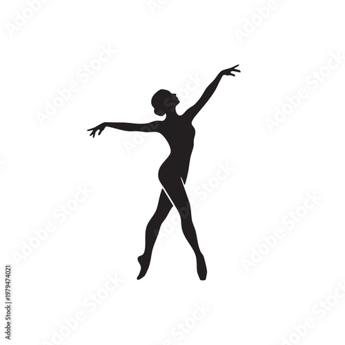 A black silhouette of a graceful ballerina performing a dance pose with arms extended, isolated on a plain white background, style