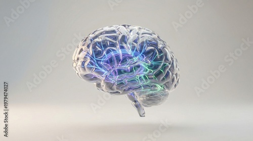 A futuristic holographic 3D brain model floats in air with colorful blue and purple neural connections visible.