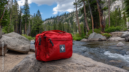 Red First Aid Kit Placed on Rock in Mountain River Landscape