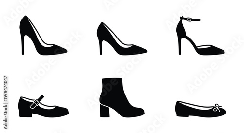 Black footwear silhouette icons set, 6 elegant women shoes vector elements, high heels and fashion boots collection for retail and apparel design