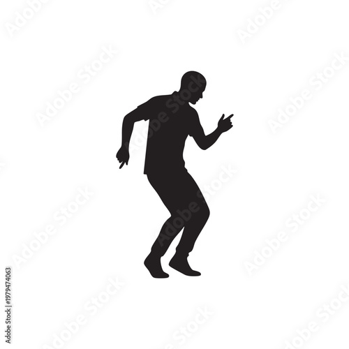A black silhouette of a man dancing, captured in a dynamic pose with bent knees and arms extended, isolated on a plain white background, style