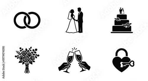 Wedding icon set with black silhouettes, bridal ceremony elements including rings and cake, romantic marriage celebration vector graphics