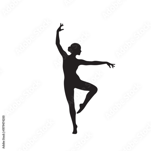 A solid black silhouette of a female ballet dancer performing a graceful pose with one arm raised and one leg bent against a plain white background