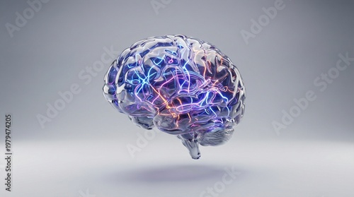 A futuristic brain glows with vibrant purple and blue neural connections on a grey surface