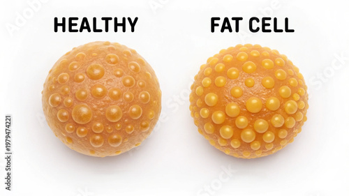 Fat cell and healthy cell comparison showing fat storage and triglyceride accumulation in fat cell with smooth texture and round shape