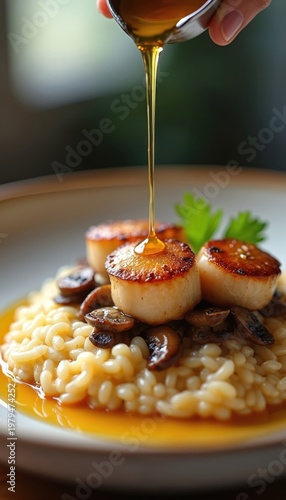 Creamy risotto with seared scallops and mushrooms. A rich sauce is drizzled over this gourmet seafood dish. It looks delicious and is perfect for fine dining or Italian cuisine.