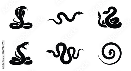 Black snake silhouette icons set, minimalist cobra and rattlesnake vector illustrations, 6 serpent reptile graphic elements for logo design