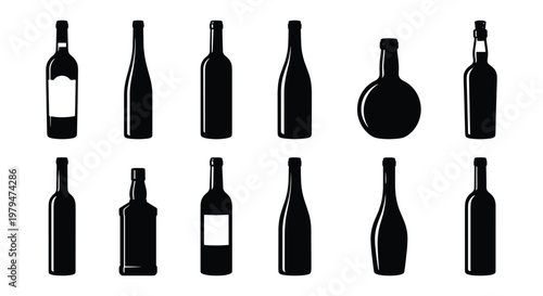 Wine bottle silhouettes collection, 12 alcohol glass bottle vector icons, black liquor and beverage container shapes for bar menu and winery branding