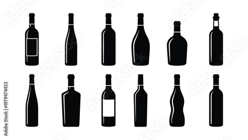 Black wine bottle silhouettes set, 12 alcoholic beverage glass bottle icons, minimalist liquor and wine packaging vector collection for bar menus