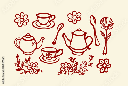 Hand drawn floral elements and tea accessories group with line art beverage container tea time beverage tableware illustration collection isolated porcelain refreshment domestic