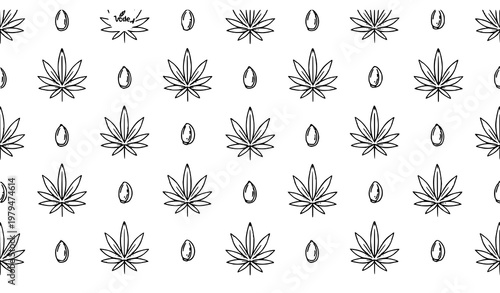 Minimal hemp cannabis leaves and seeds seamless pattern vector isolated on white background