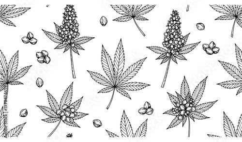 Hemp leaves and cannabis seeds seamless pattern hand drawn botanical vector isolated on white background