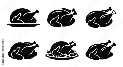 Roasted turkey icons set, black silhouette of whole cooked chicken on platter, 6 vector elements for Thanksgiving and Christmas dinner menu design