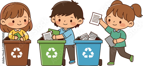 Children Recycling Paper Illustration with Kids Sorting Waste into Recycling Bins for Environmental Education, Sustainability Awareness, and Eco Friendly School Activities