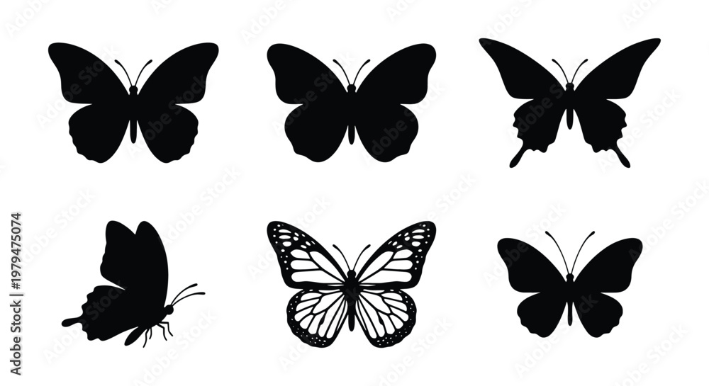 Obraz premium Black butterfly silhouette set, 6 elegant insect vector icons, minimalist monarch and swallowtail butterfly shapes for logo design and decoration