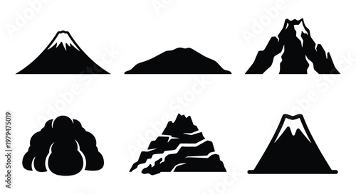 Minimalist mountain silhouette icons, set of 6 black peak vector elements, simple volcanic hill shapes, outdoor adventure and nature landscape symbols