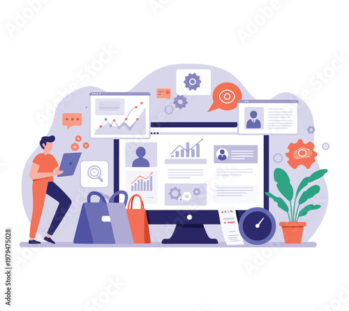 Business woman working on laptop with large computer screen and office items around  modern workspace