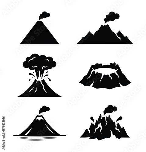 Volcano icon set with 6 black vector silhouettes, erupting mountain symbols with smoke and lava, geological disaster and nature landscape elements