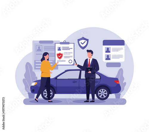 Businessman and woman discussing car insurance policy with documents  vehicle protection concept