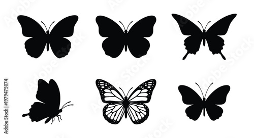 Black butterfly silhouette set, 6 elegant insect vector icons, minimalist monarch and swallowtail butterfly shapes for logo design and decoration