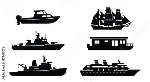 Nautical ship silhouettes set, 6 black vector icons of maritime vessels, cruise ship and sailboat graphics, motorboat and military warship symbols