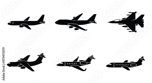 Black airplane silhouettes set, 6 aircraft vector icons including commercial jet, military fighter plane and private jet, aviation transport symbols
