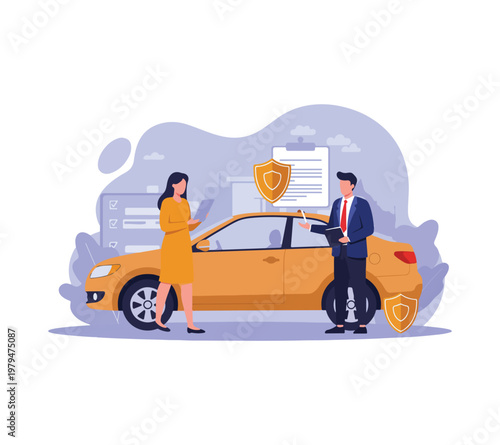 Businessman and woman discussing car insurance policy with shield icons and documents