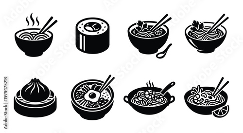 Japanese food icons set, black and white asian cuisine vector illustrations, ramen bowls and sushi rolls collection, 8 minimalist food elements