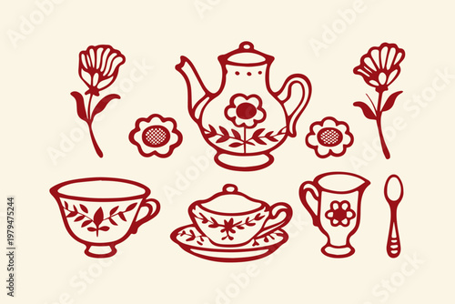 Vintage floral tea set illustration with teapot cups flowers hand drawn tea time home decor food and drink tea ceremony traditional design flat illustration background