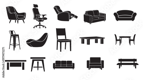 Collection of silhouette furniture icons and vector illustrations with bar stool coffee table dining table furniture