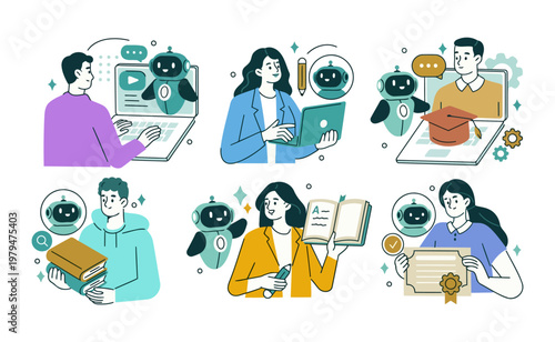 People collaborate with robots in creative, tech-driven tasks. Each figure shows focus, curiosity, or satisfaction. Robots assist with data, documents, or delivery. Ideal for business, innovation