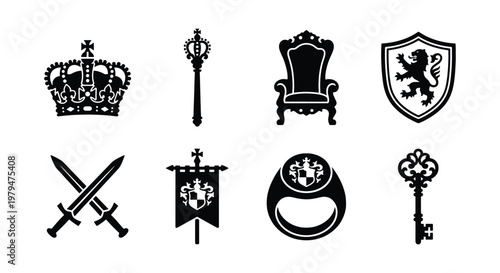 Medieval royal icons set, black silhouette monarchy symbols including crown and throne, heraldic shield and sword vector elements for branding