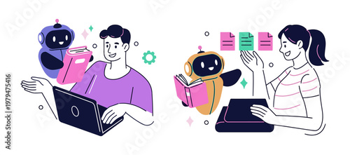 Two people collaborate with friendly robots. Each person works on a laptop, smiling. Robots assist with colorful notes and tasks. Illustration style: soft, playful, modern