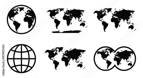 World map vector icons set, black globe silhouettes and earth planet symbols, global geography atlas collection for business and travel