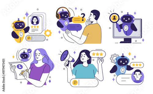 Team of humans and robots collaborate on digital tasks. People show enthusiasm, focus, and satisfaction during work. Icons hint at customer service, tech support, and data review