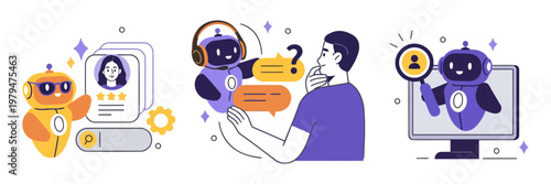 Friendly robots assist humans in tech tasks. One chats with a user via speech bubbles. Another shows a user profile on a screen. People appear engaged and pleased