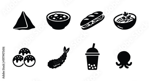 Asian street food icon set, 8 black vector elements of Japanese and global cuisine, minimalist food symbols for restaurant menus and delivery apps
