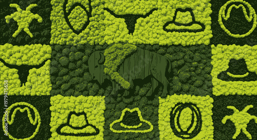 A textured grid pattern featuring a central bison silhouette surrounded by various cowboy-themed icons like hats and longhorns, in shades of green.