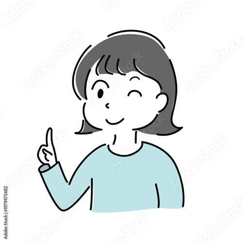 ウインクして指差しする女性 シンプル イラスト 案内 説明 ポイント 人物 ベクター / Woman blinking pointing simple illustration guide explanation character vector