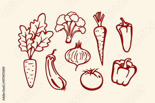 Hand-drawn red outline vegetables collection with root vegetables leafy greens food graphic white background eat well vegetables illustration healthy eating ingredients nutrition