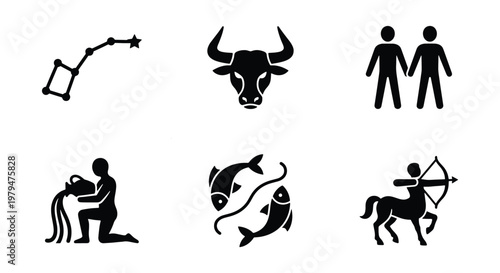 Zodiac signs and astrology icons set, black silhouette horoscope symbols including taurus and pisces, 6 celestial vector elements for mystical design